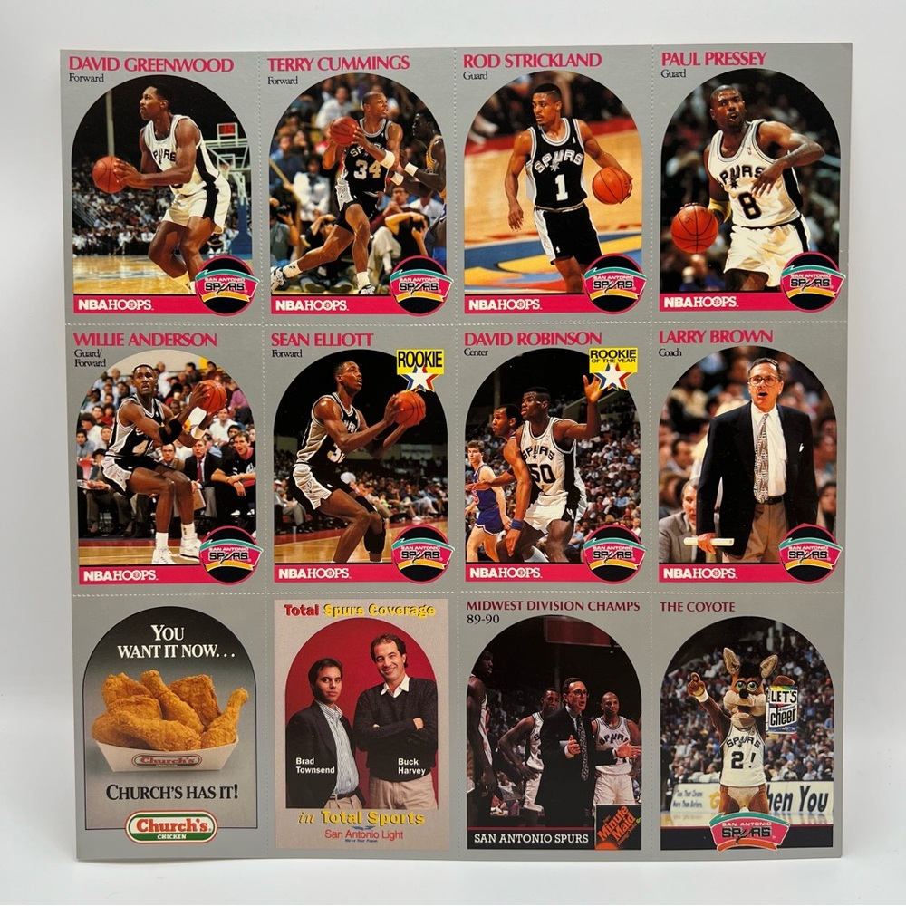 1990 NBA Hoops‎ Church’sChicken San Antonio Spurs Perforated Uncut Sheet 12Cards
